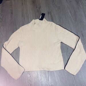 Cream Ribbed Turtleneck Sweater with Black Stripe